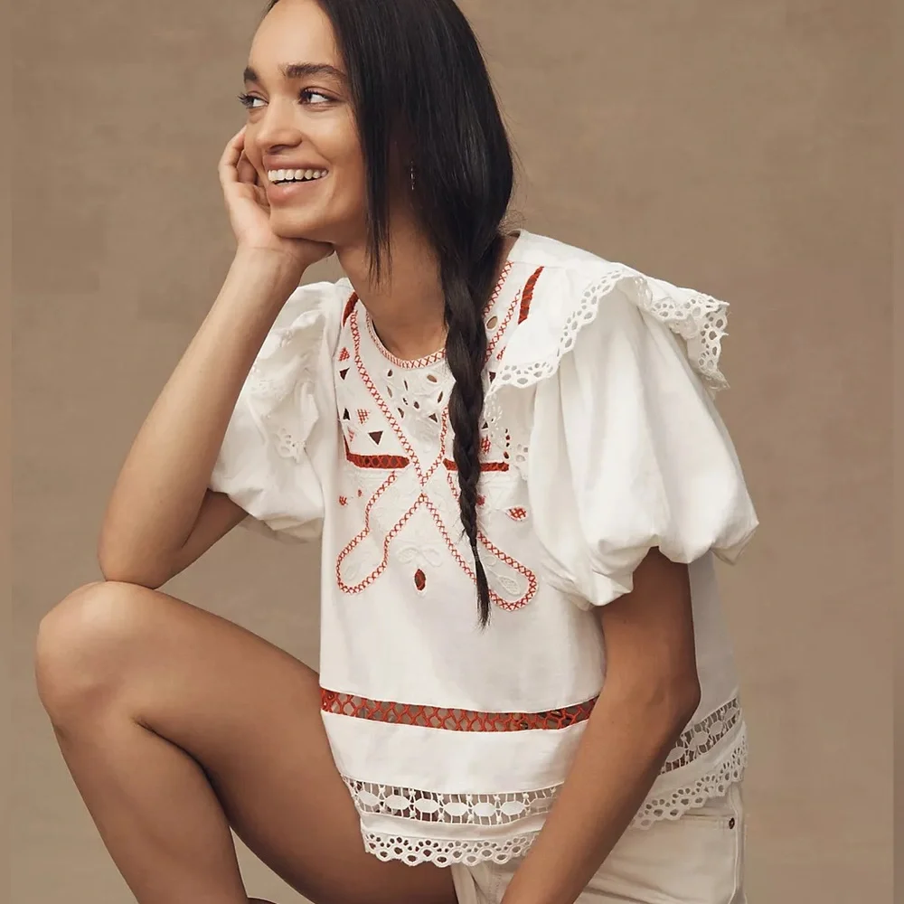 Puff-Sleeve Cutwork Embroidery Top